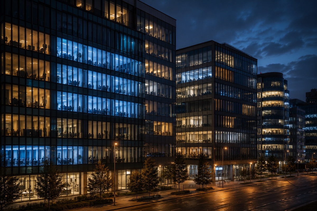 Edificios de oficinas al anochecer con algunas plantas iluminadas en tono azulado y otras con luz cálida o apagadas
