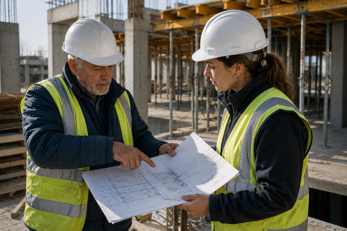 Un jefe de obra veterano explica un detalle de un plano a una técnica joven en una obra en fase de estructura