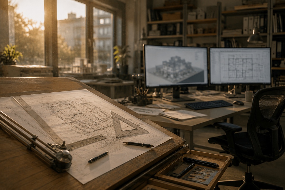 Estudio de arquitectura con un tablero de dibujo clásico en primer plano y una estación de trabajo moderna con dos monitores al fondo
