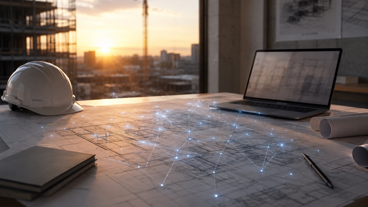 Mesa de trabajo de un estudio de arquitectura con planos técnicos, un casco de obra y una retícula luminosa de análisis por inteligencia artificial sobre los planos