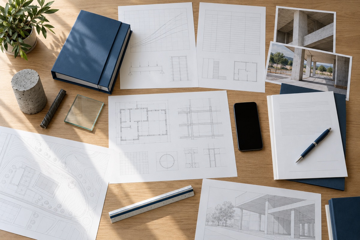Vista cenital de una mesa técnica con planos, hojas de cálculo, fotografías de obra, un contrato, un escalímetro y muestras de hormigón, acero corrugado y vidrio