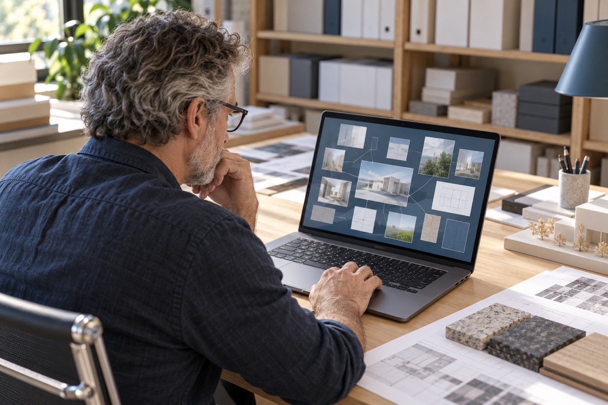 Arquitecto revisando en su portátil, visto por encima del hombro, un mapa de documentos y planos relacionados entre sí, con las estanterías del archivo de proyectos al fondo