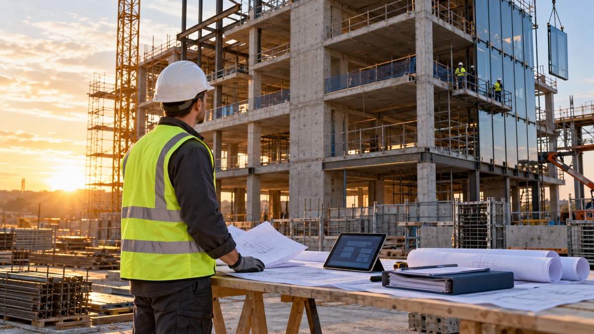 Profesional con casco y chaleco de alta visibilidad junto a una mesa de obra con planos y una tablet, frente a un edificio en construcción de hormigón, acero y vidrio al atardecer