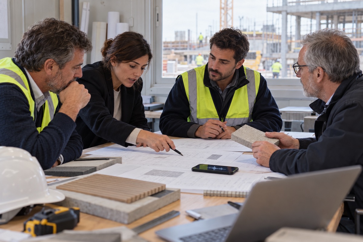 Reunión de cuatro profesionales en una caseta de obra, con planos y muestras de material sobre la mesa y un teléfono que graba la conversación
