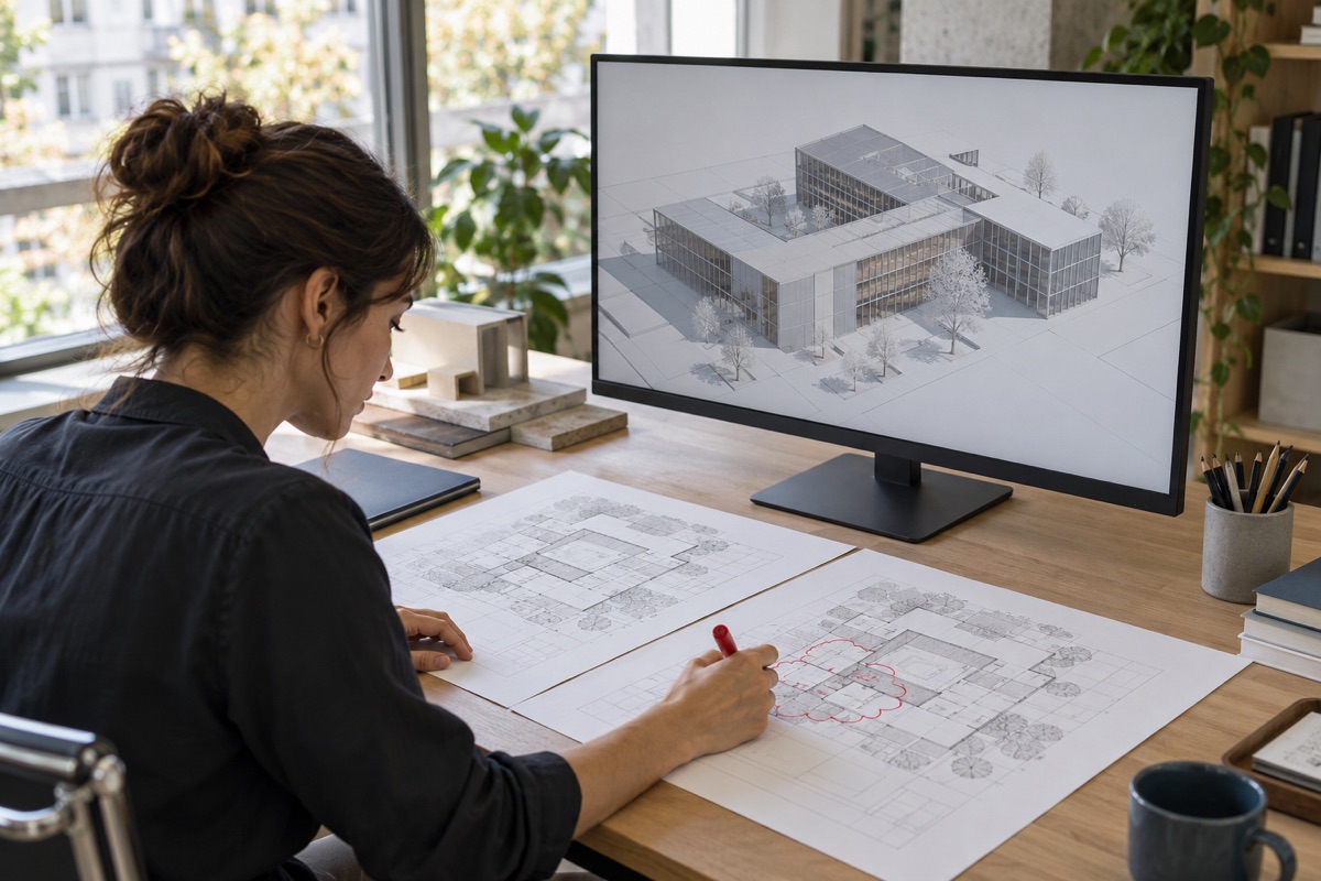 Arquitecta marcando con rotulador rojo una nube de revisión sobre una de dos versiones impresas del mismo plano, junto a un monitor con el modelo 3D del edificio