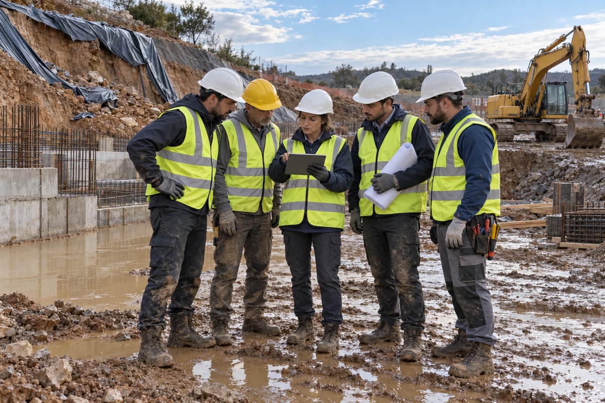 Cinco profesionales con equipos de protección revisan una tablet en una excavación embarrada tras un temporal, con lonas sobre el talud y una retroexcavadora al fondo