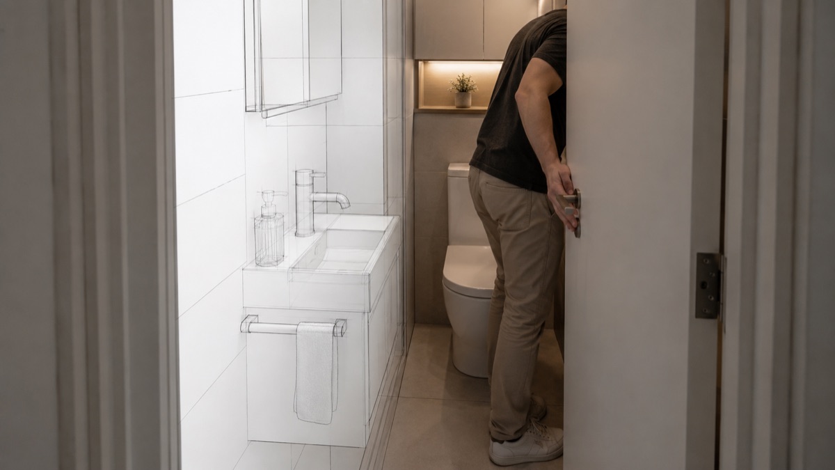 Un baño de dimensiones muy reducidas, mitad dibujado en línea y mitad fotografiado, con una persona de pie junto al lavabo