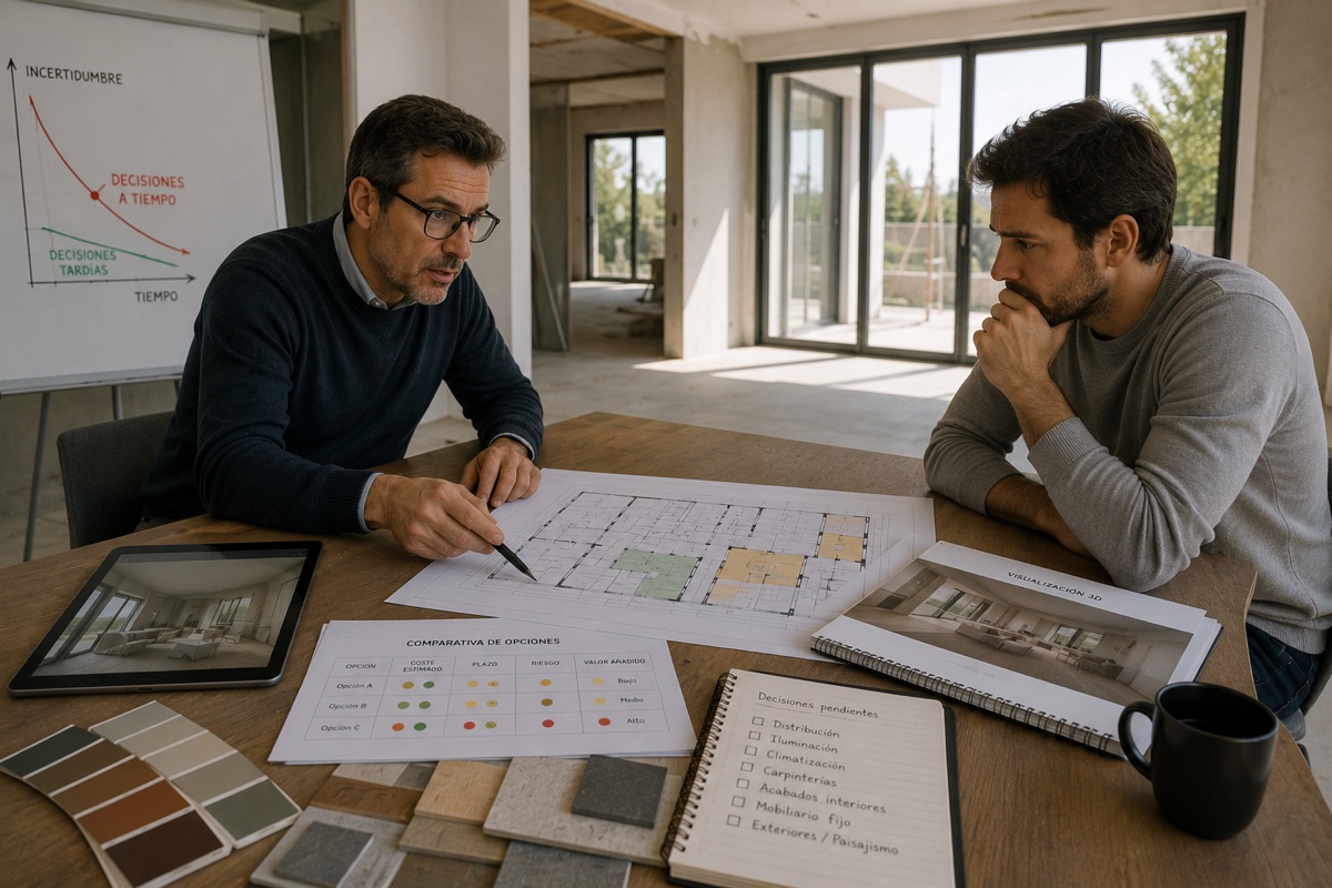 Dos personas comparan alternativas sobre una mesa con planos, muestras de materiales y una tabla comparativa de opciones