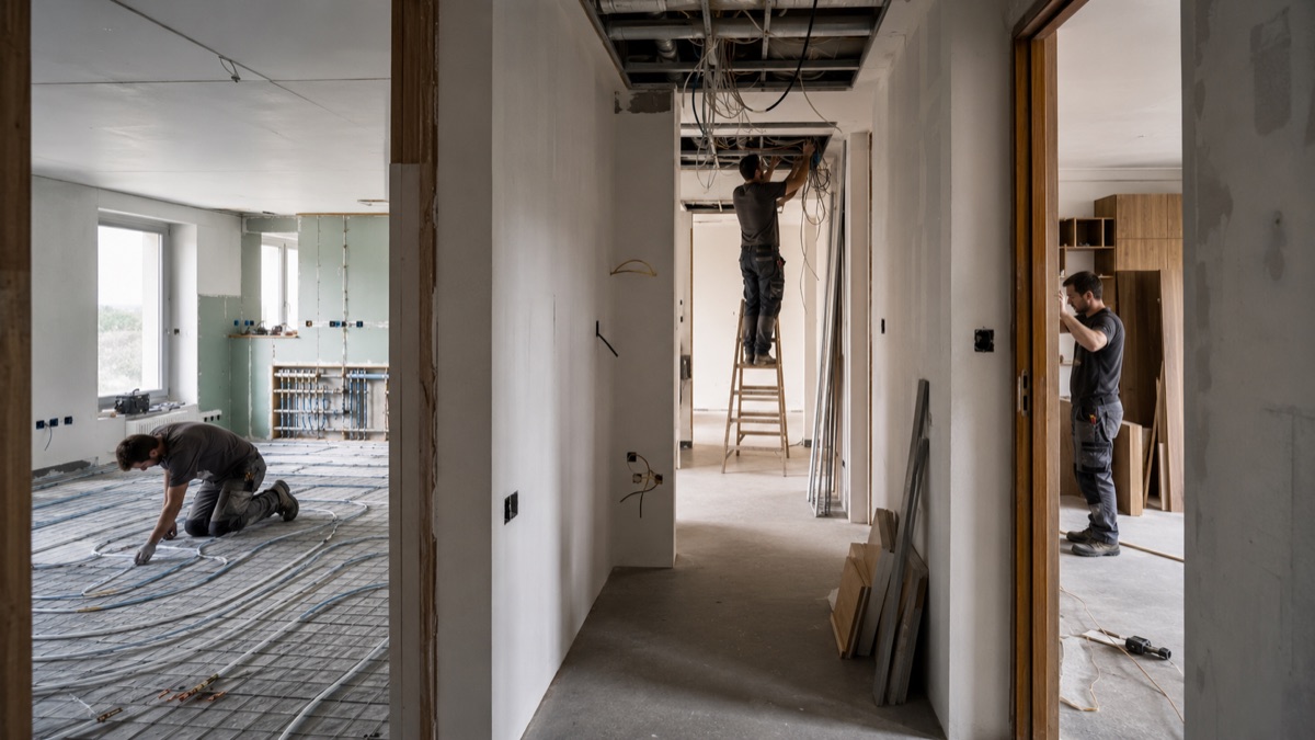 Varios operarios de distintos oficios trabajando a la vez en estancias contiguas de una vivienda en obra