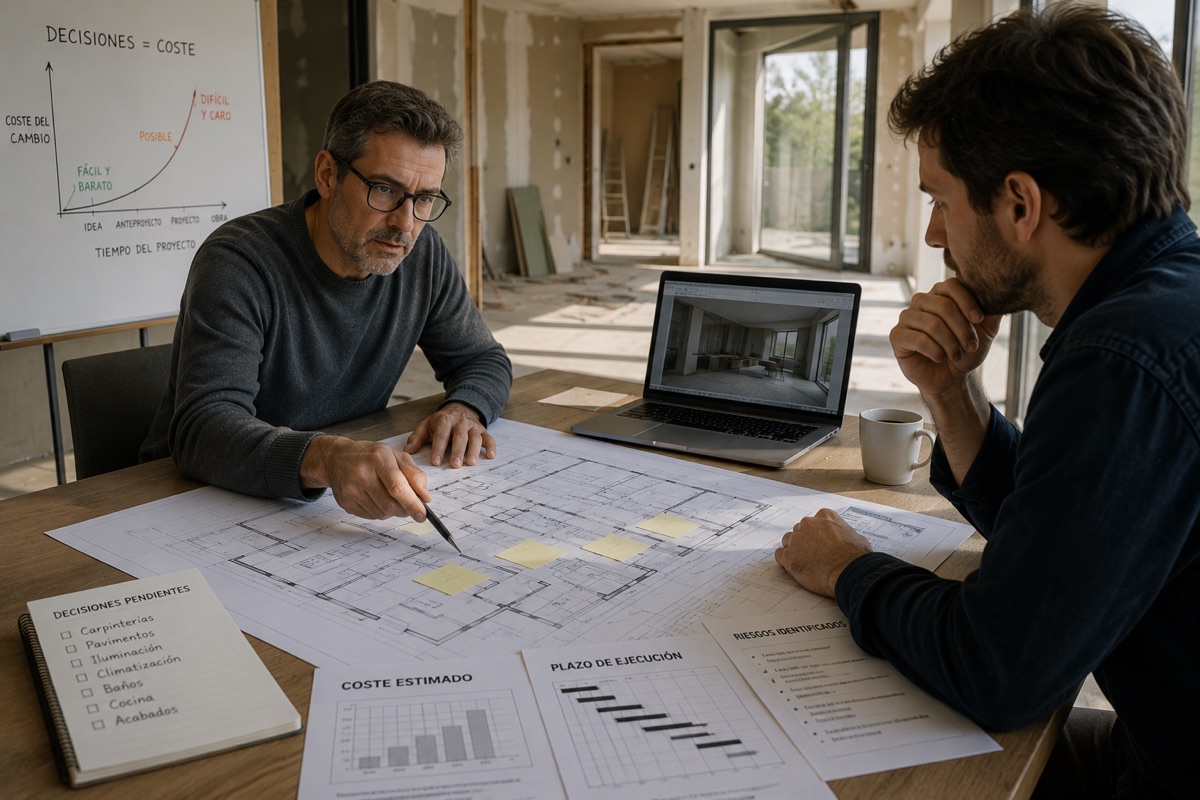 Dos personas trabajando sobre planos junto a una pizarra que relaciona el coste del cambio con el tiempo del proyecto
