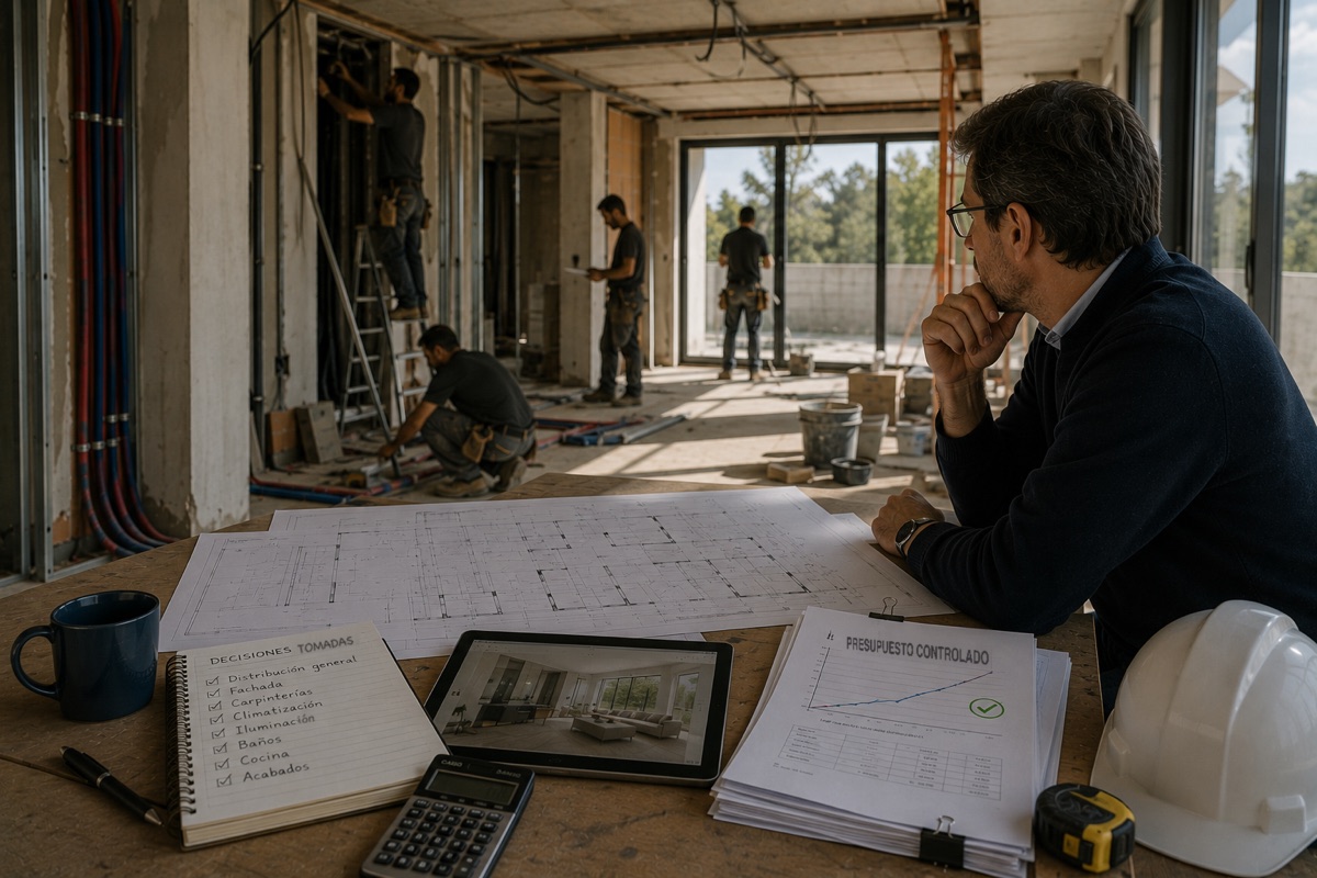 Un cuaderno con las decisiones ya tomadas y validadas sobre la mesa de una vivienda en obra