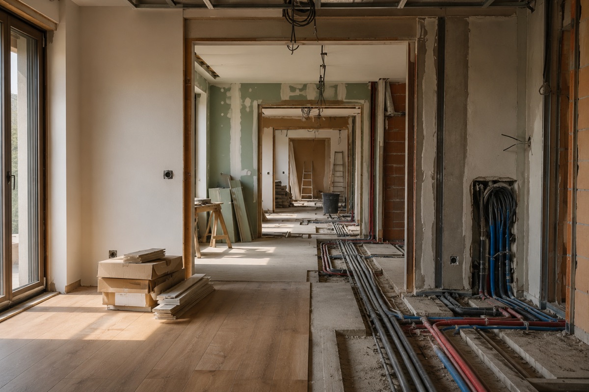 Vivienda en obra en una fase intermedia, con materiales acopiados e instalaciones a la vista