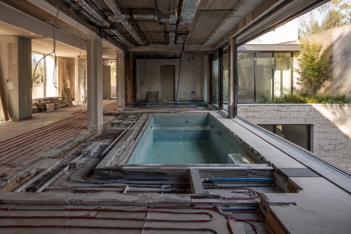 Piscina interior ya con agua dentro de una vivienda en obra, rodeada de circuitos de suelo radiante