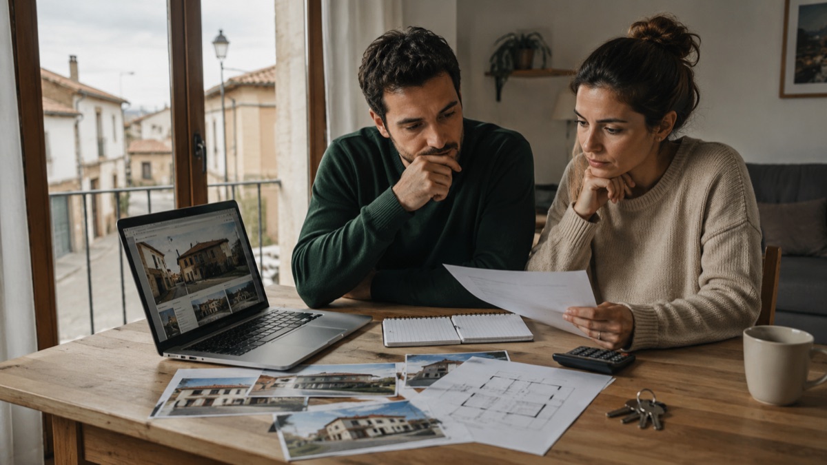Una pareja consulta anuncios de vivienda en un portal inmobiliario sobre la mesa de su casa
