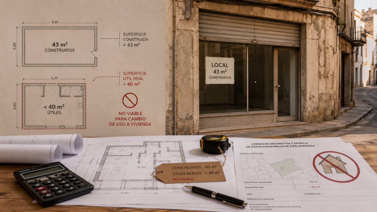 Esquema comparativo: 43 metros cuadrados construidos frente a menos de 40 metros cuadrados útiles, no viable para cambio de uso a vivienda