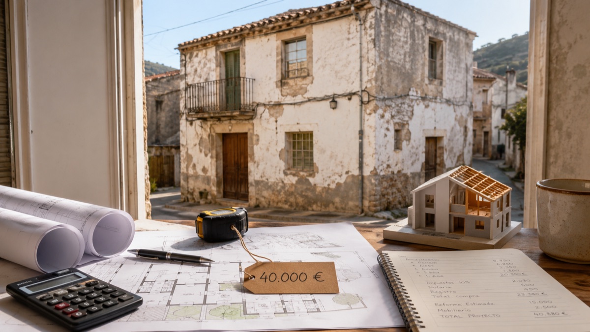 Casa de pueblo en venta con planos, maqueta y un cuaderno con el desglose de costes de la operación