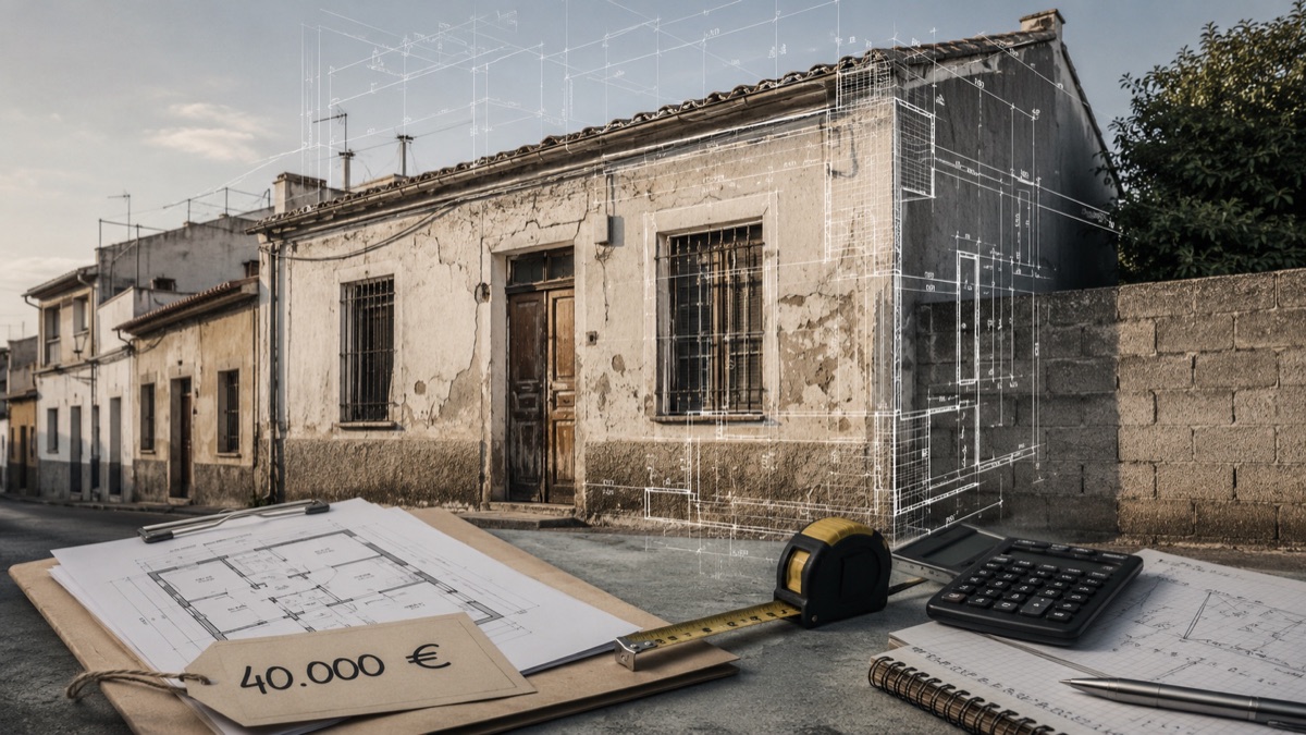 Casa de pueblo antigua en venta por 40.000 euros, con planos, cinta métrica y calculadora en primer plano